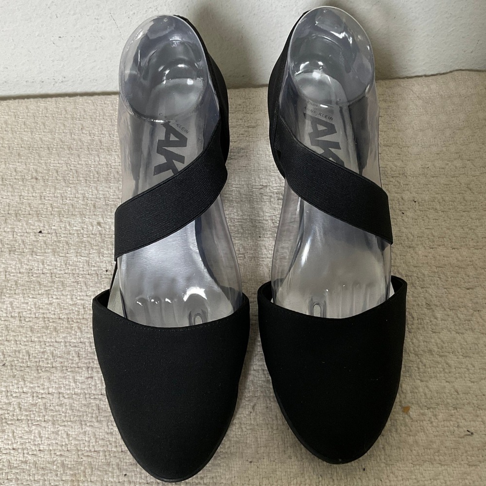 Anne Klein Sport Black Wedge Pumps Elastic Strap Almond Toe Shoes Size 8.5